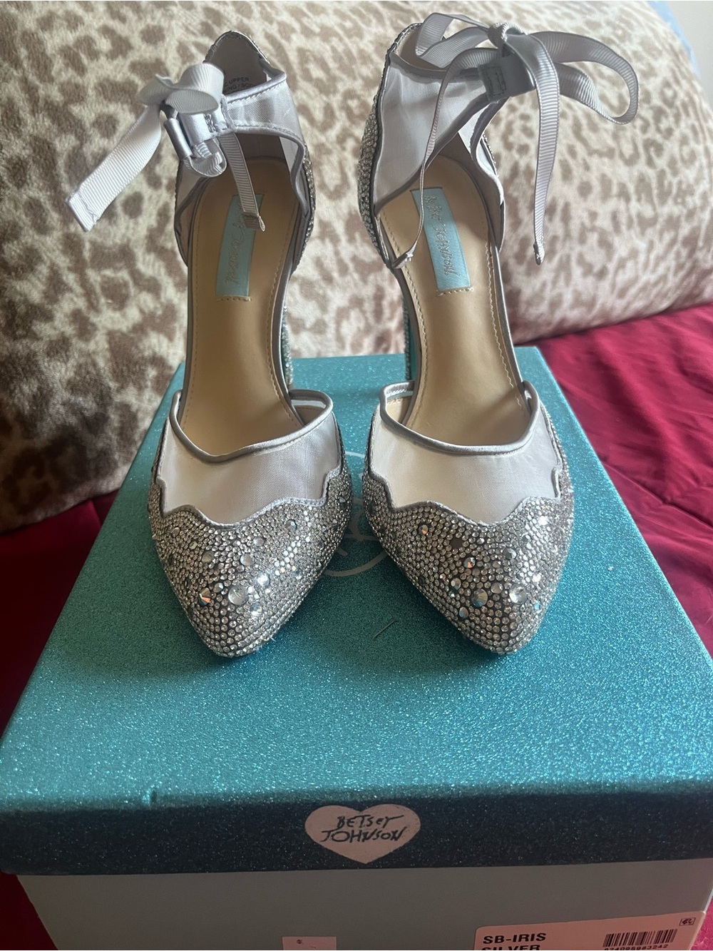 Betsey Johnson Silver Crystal Pointed Toe Ankle Tie Pumps
